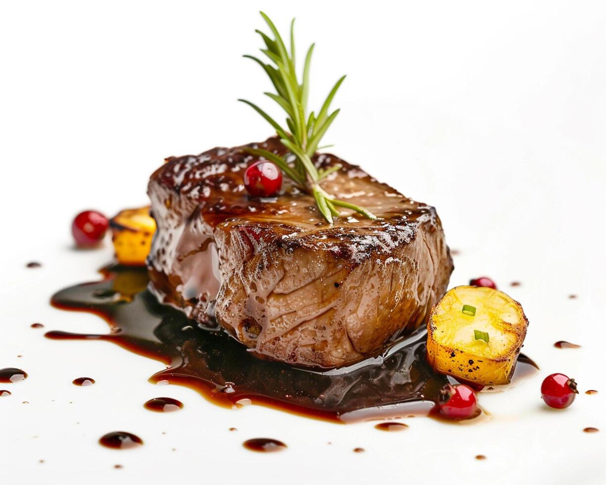 a piece of meat with sauce and garnish photo