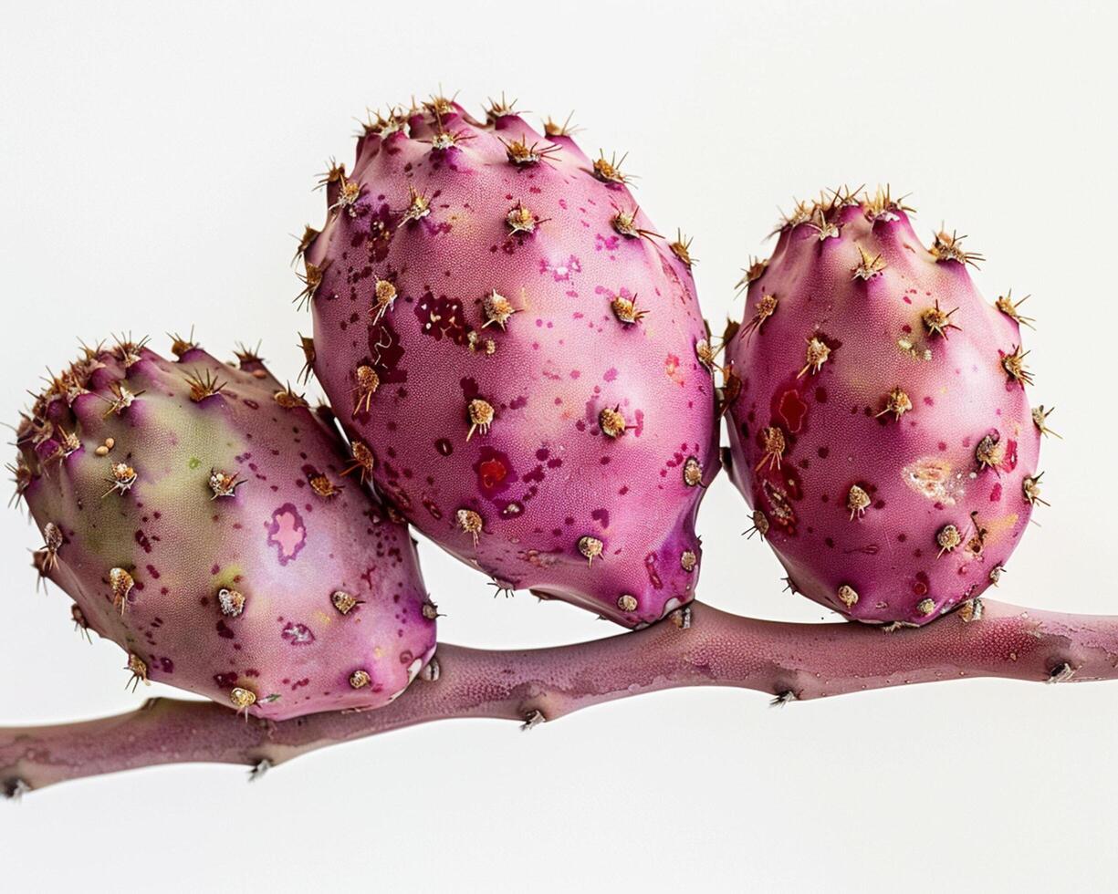 three purple prickly pear cactus fruits on a branch photo
