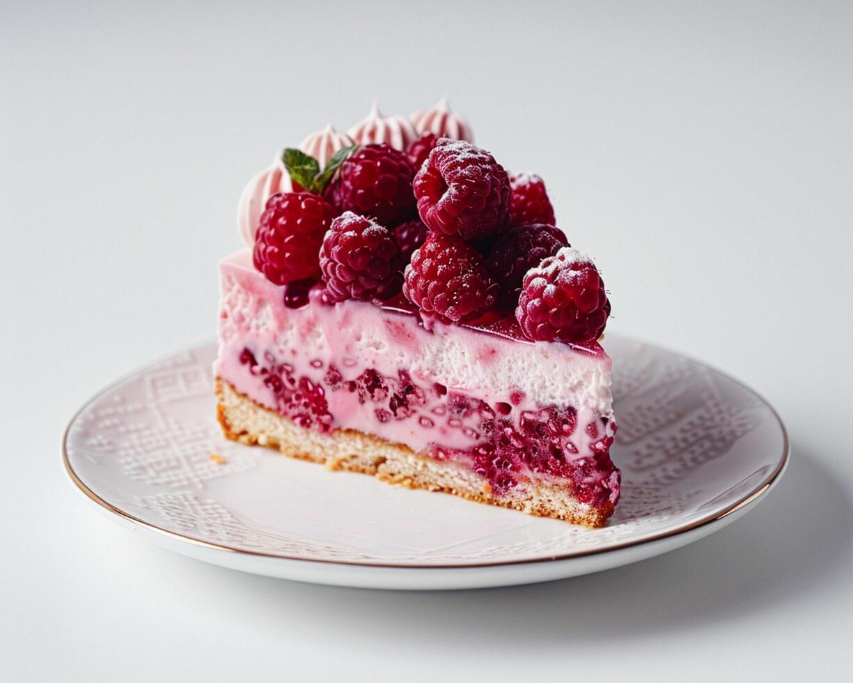 a piece of cake with raspberries on top photo