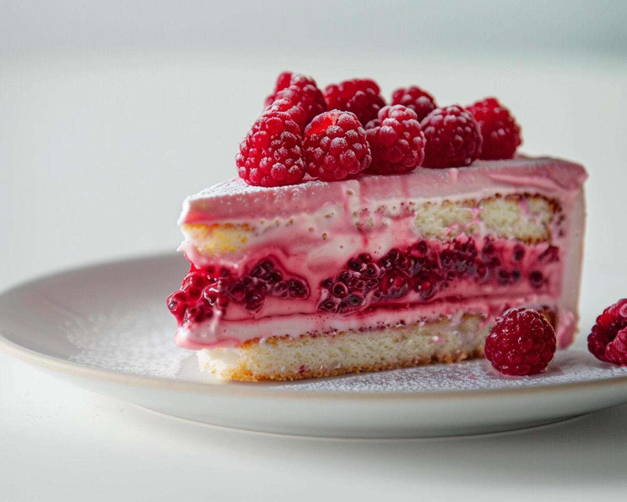a piece of cake with raspberries on top photo