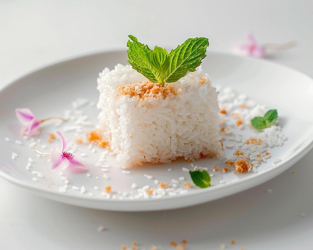 a white plate topped with a piece of rice photo
