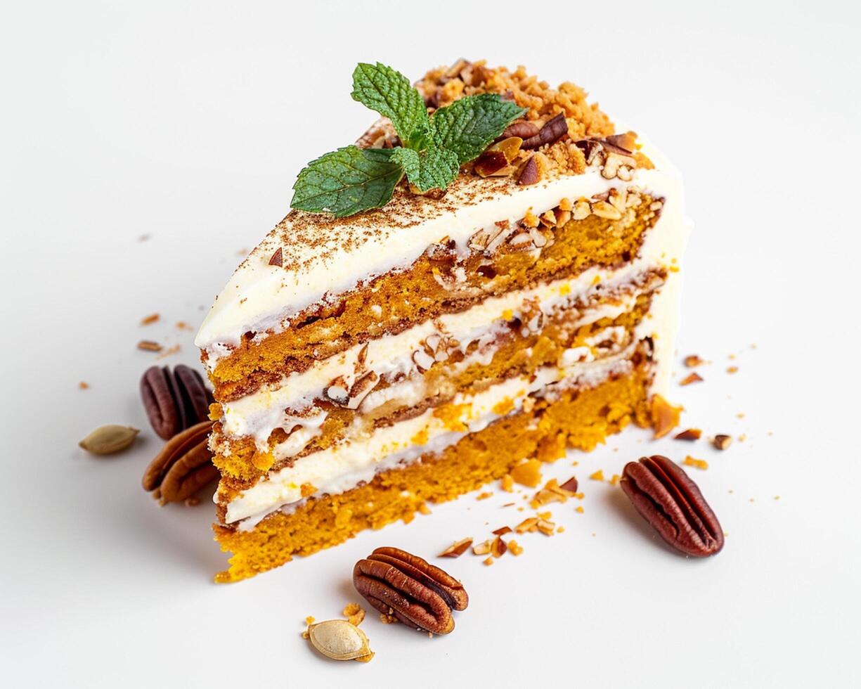 a slice of cake with nuts and mint photo