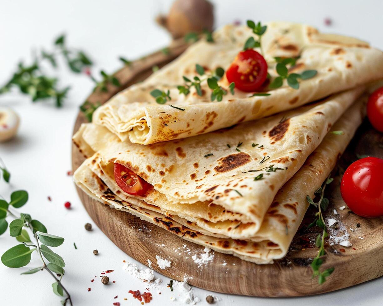 three flatbreads with tomatoes and herbs on a wooden plate photo