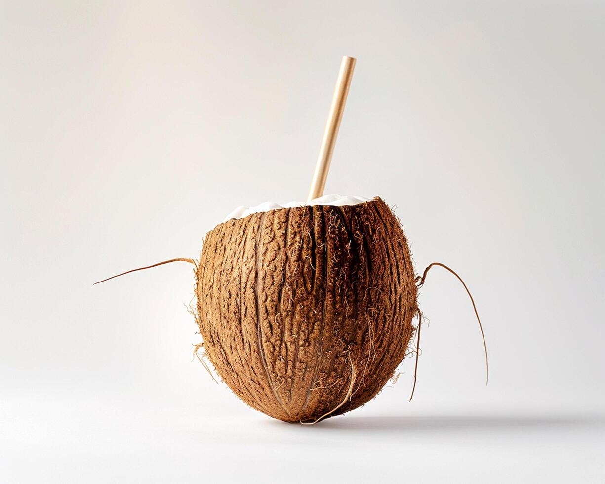 a coconut with a straw sticking out of it photo