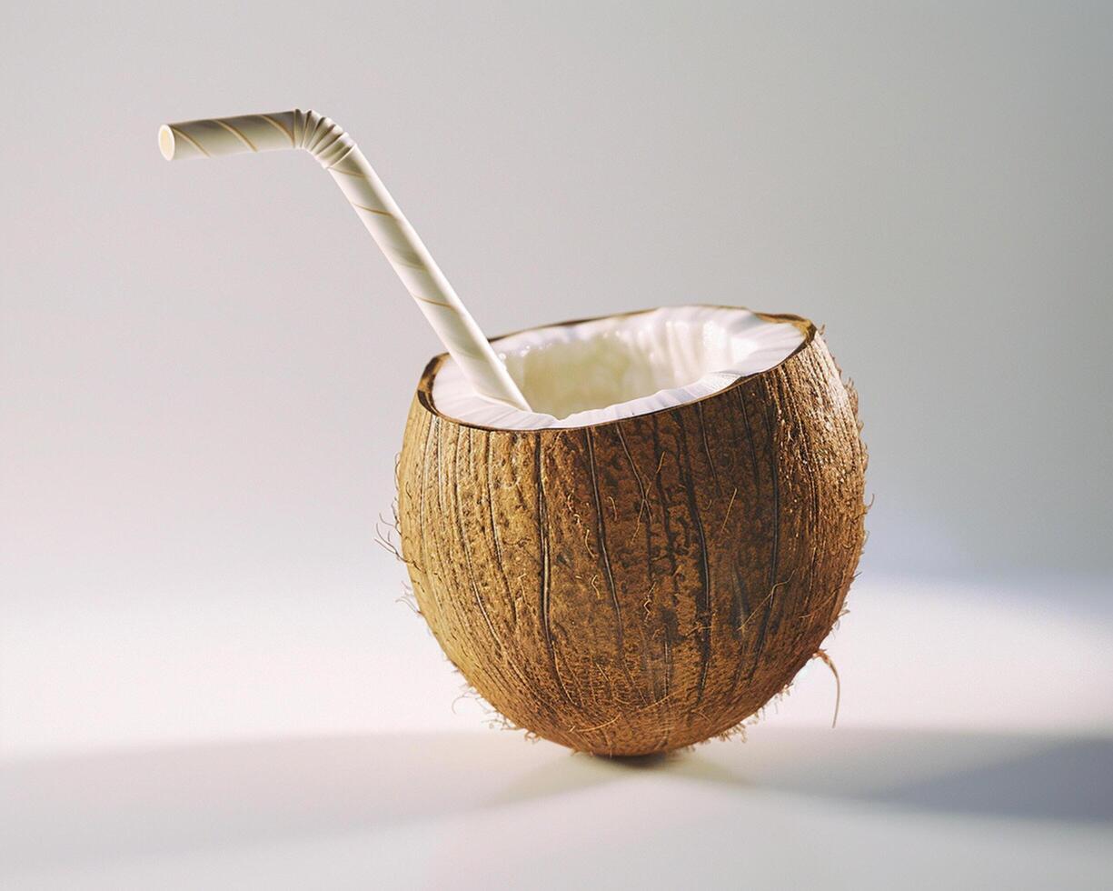 a coconut with a straw in it photo