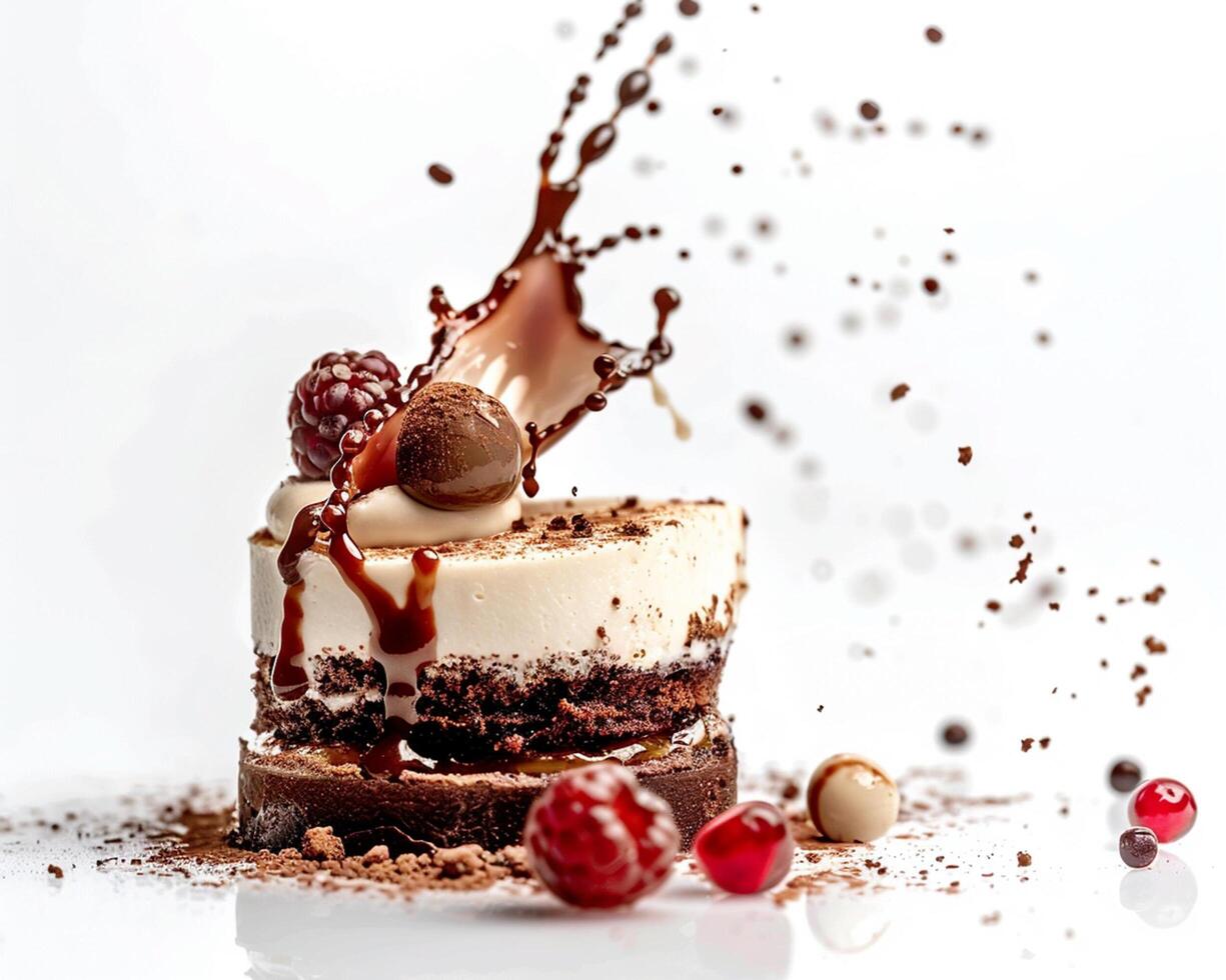 a cake with chocolate and berries falling from the top photo