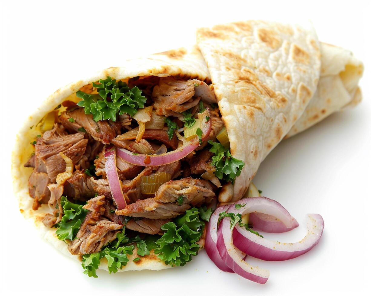 a wrap with meat and onions on a white surface photo