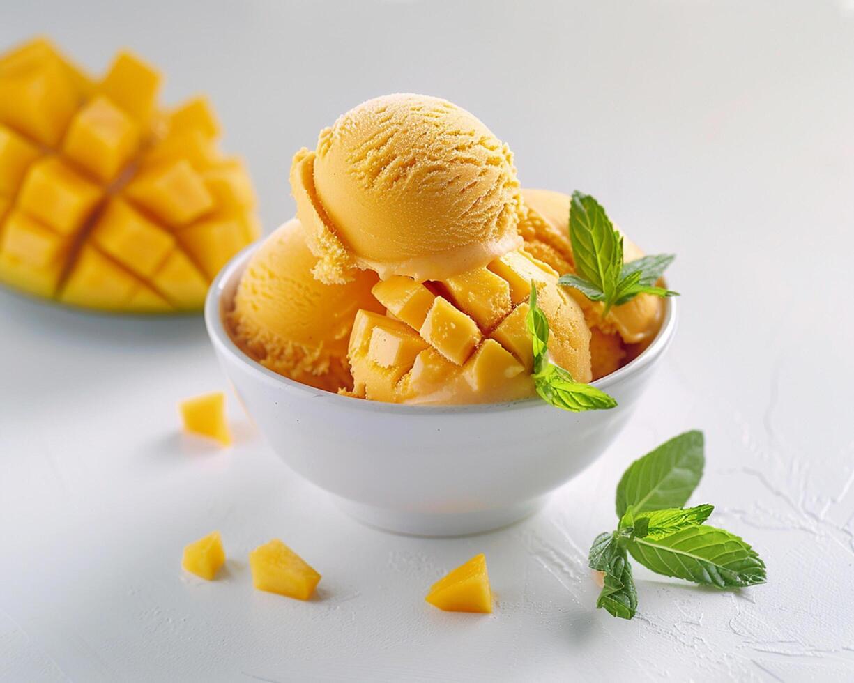 a bowl of mango ice cream with a slice of mango photo