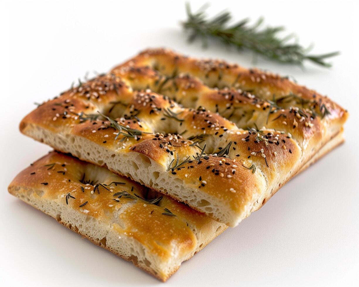 two pieces of bread with rosemary sprigs photo