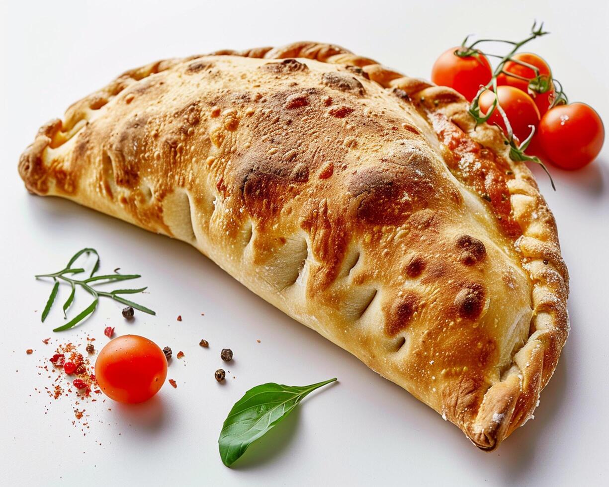 a pizza with tomatoes and herbs on a white surface photo