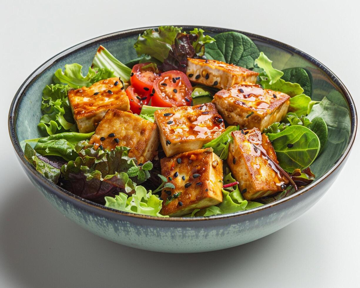 a bowl of food with a salad and tofu photo