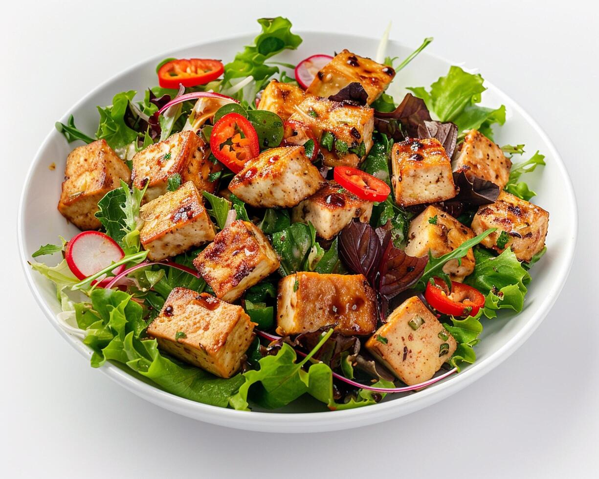 a bowl of salad with tofu, greens and red onions photo