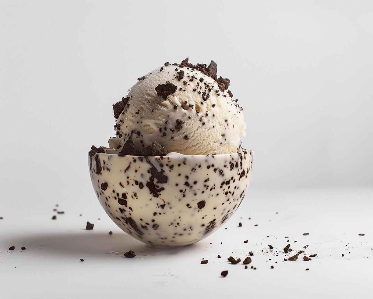 an ice cream scoop is surrounded by chocolate chips photo