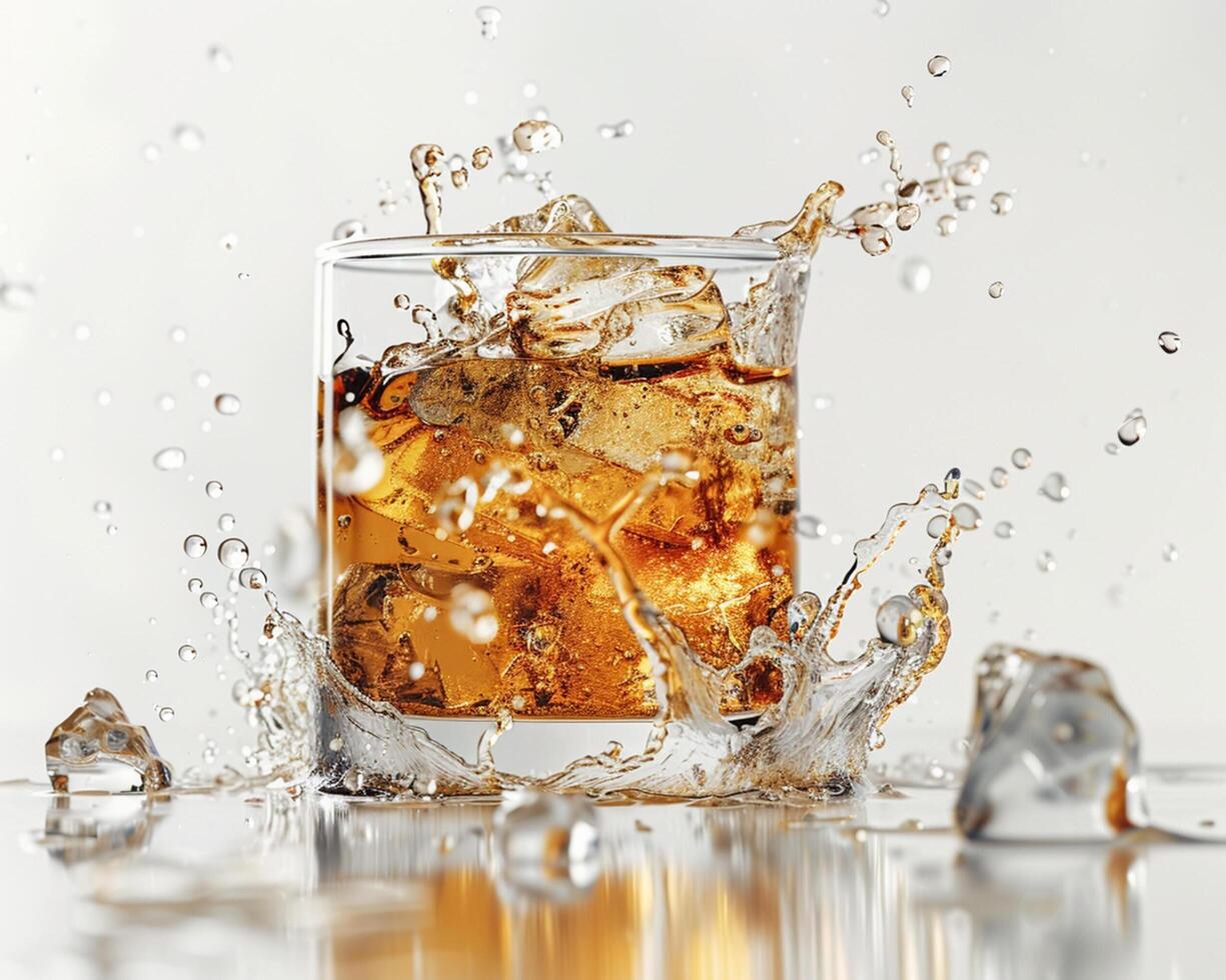 a glass of whiskey with ice and water splashing photo