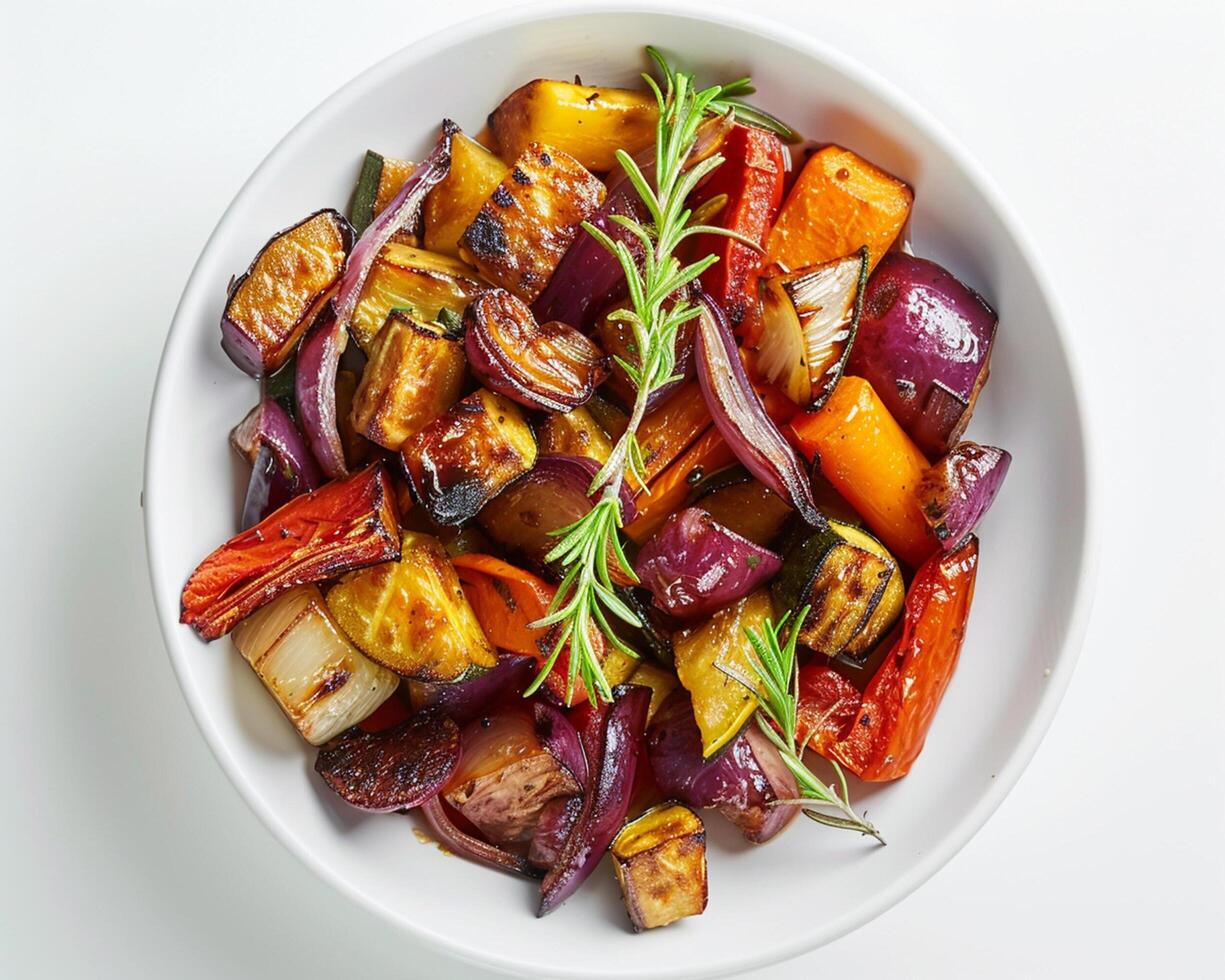a bowl of vegetables with rosemary sprigs photo