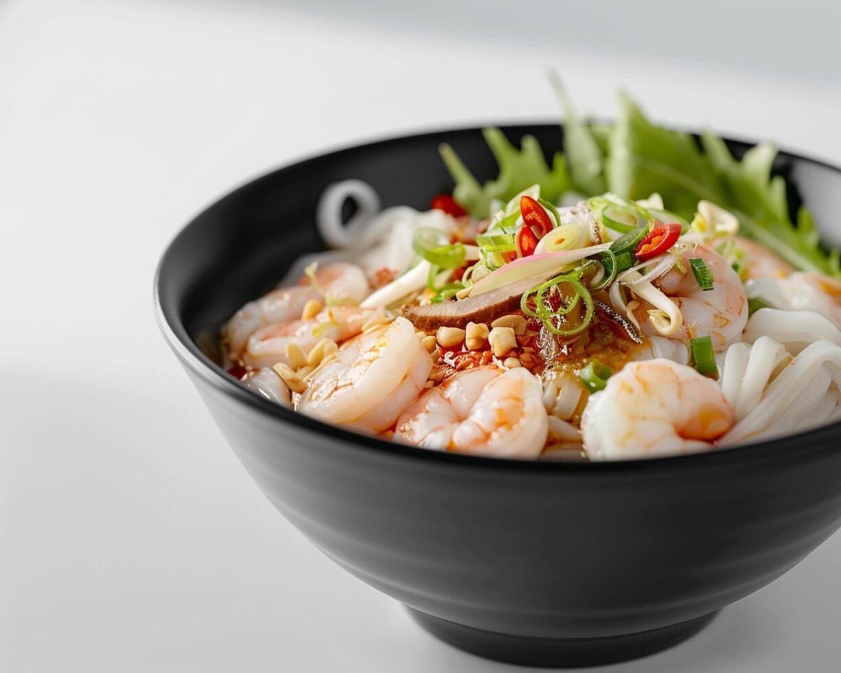 a bowl of noodles with shrimp and vegetables photo