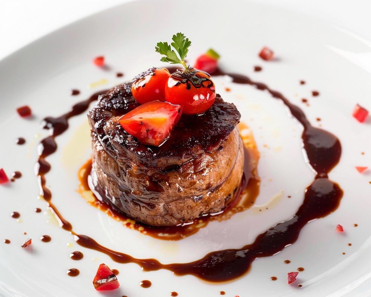 a piece of meat on a white plate with sauce photo