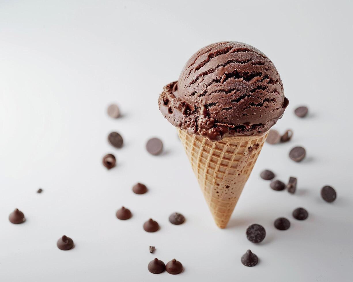 chocolate ice cream in a cone with chocolate chips photo