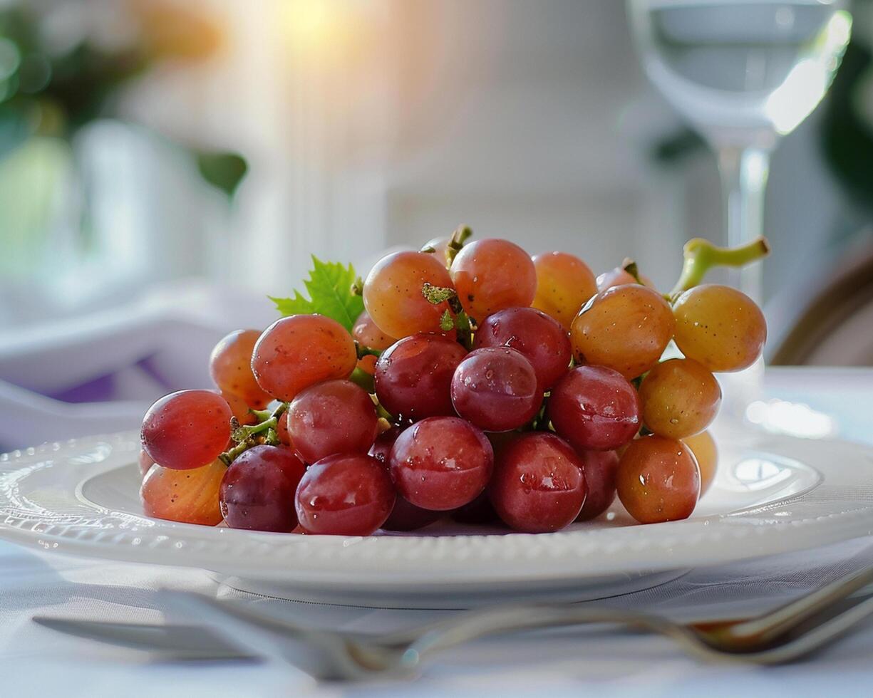 grapes on a white plate on a table photo