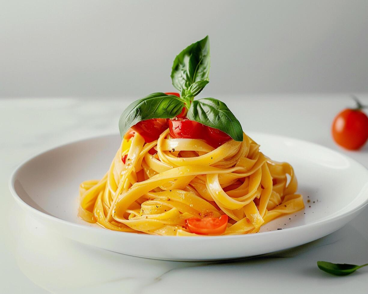 a plate of pasta with tomatoes and basil leaves photo