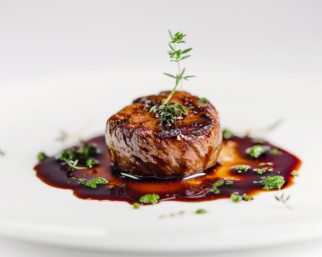 a piece of meat on a white plate with sauce photo