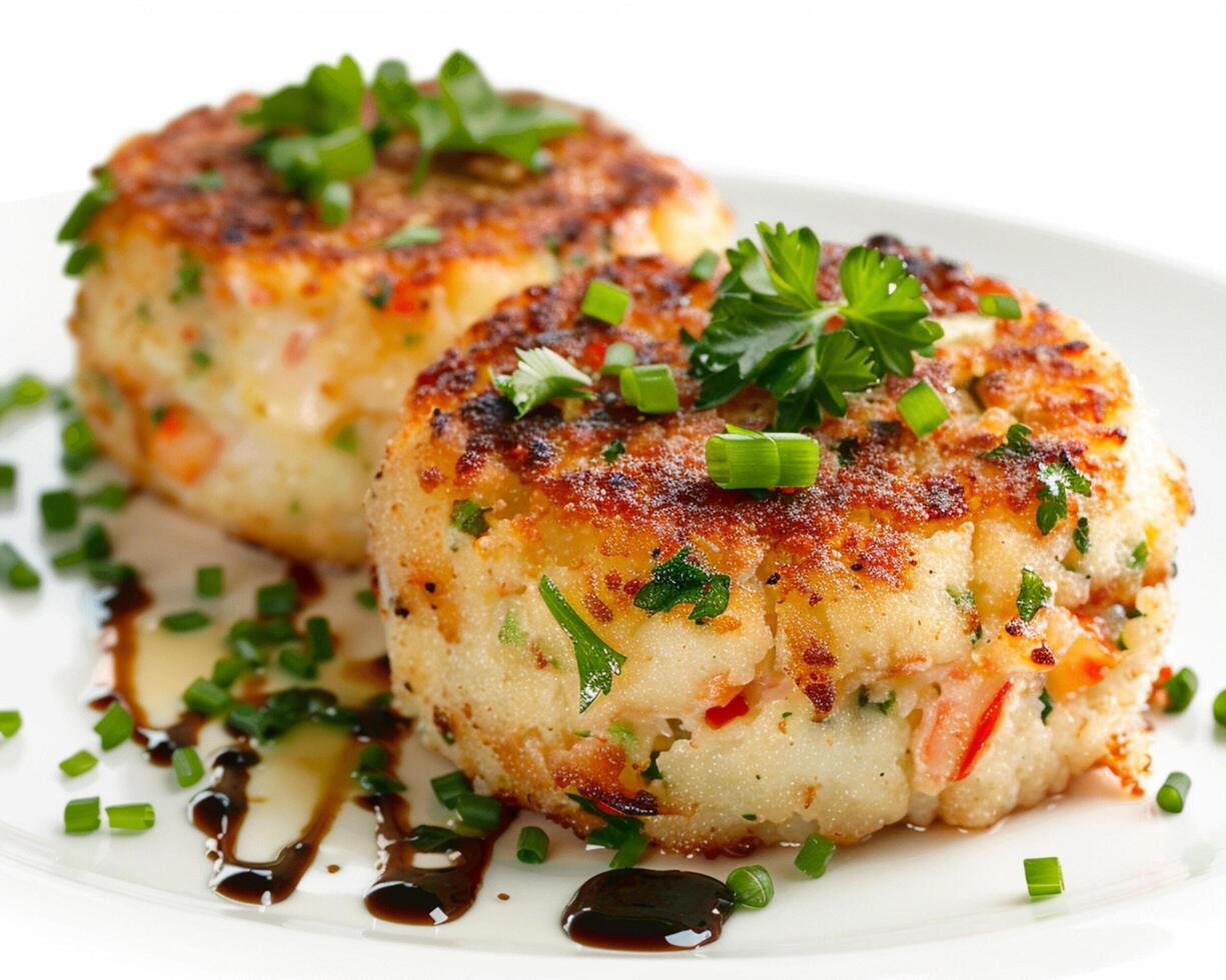 two crab cakes are on a white plate photo