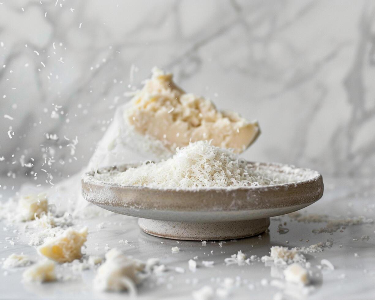 a bowl of shredded cheese on a counter photo