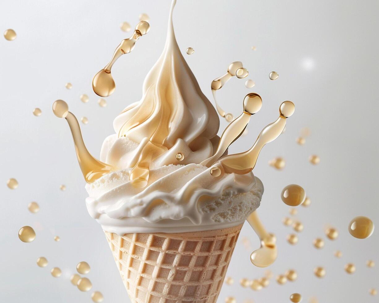 ice cream with syrup splash on white background photo