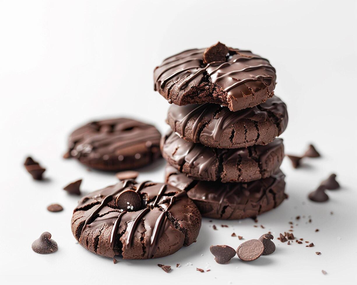 a pile of chocolate donuts with chocolate chips scattered around them photo