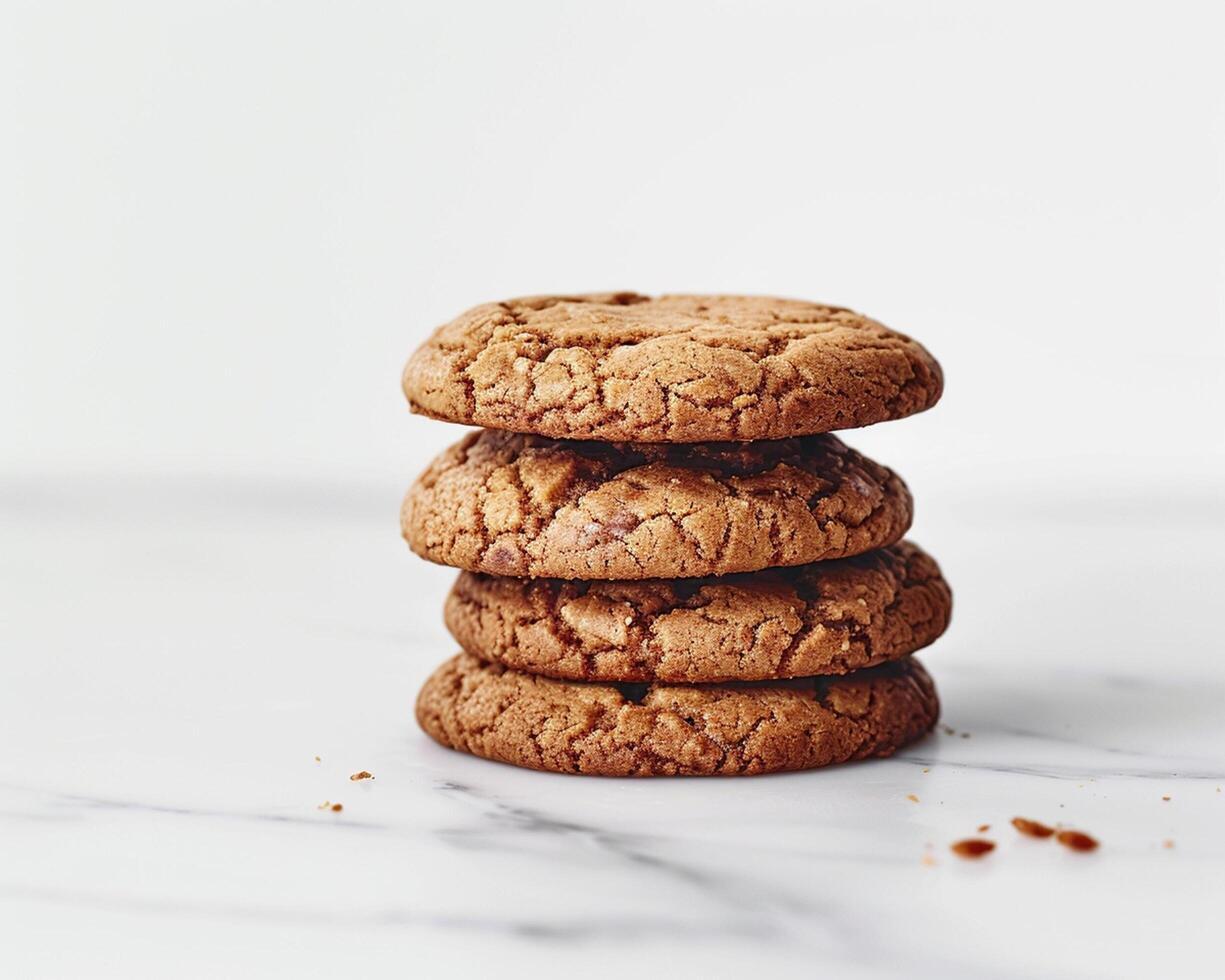 a stack of cookies on a white surface photo