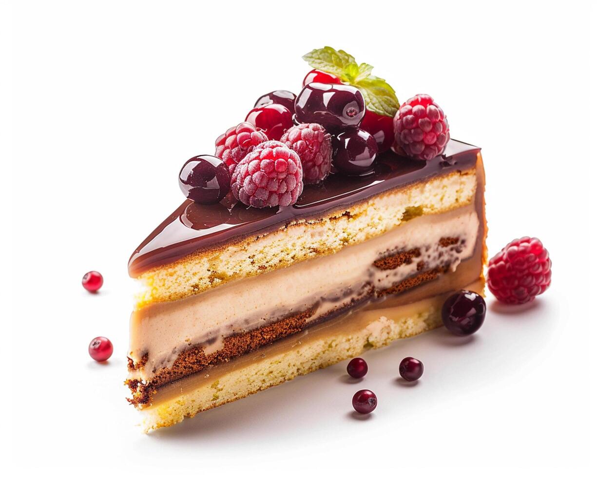 a piece of cake with chocolate frosting and raspberries photo