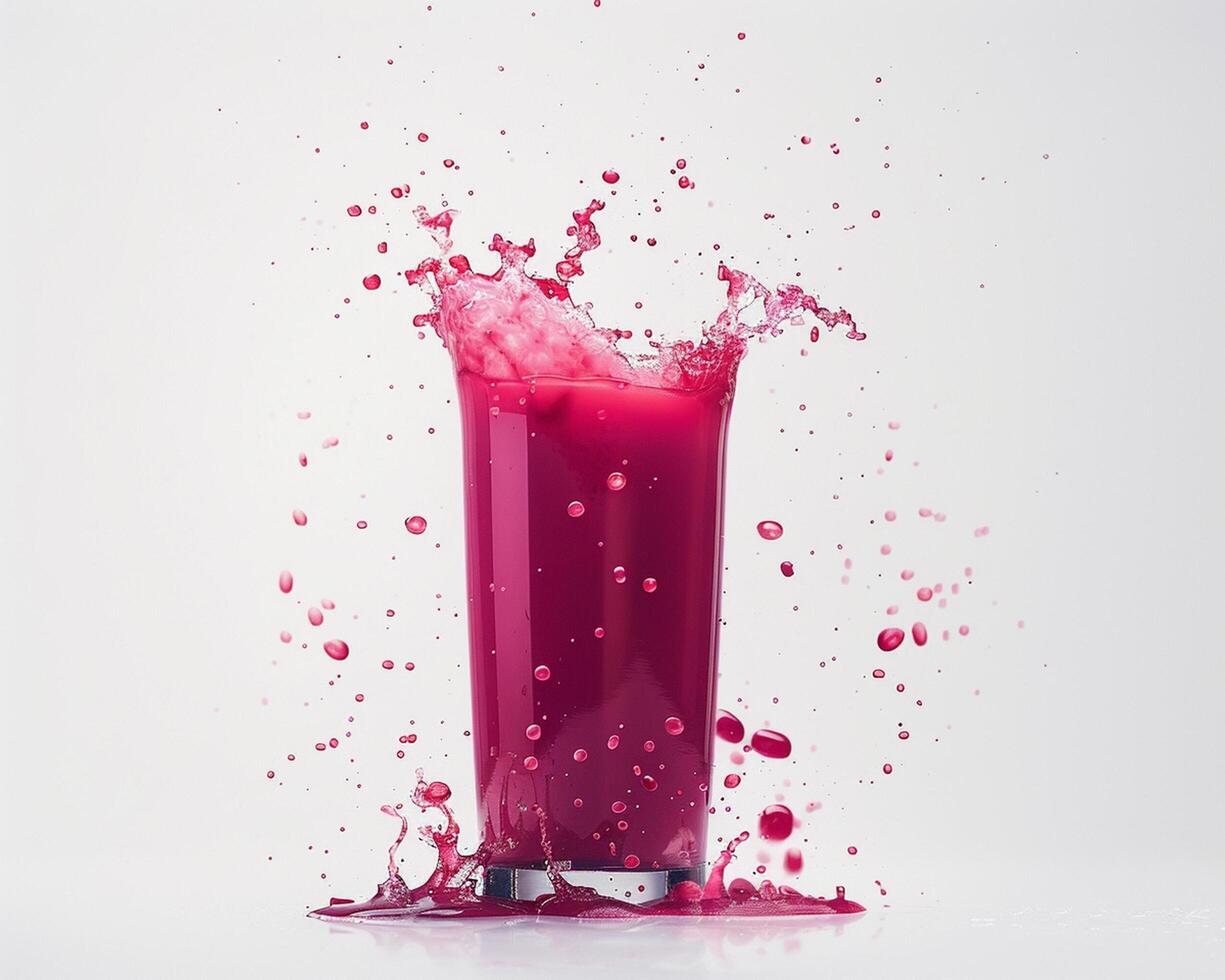 a glass of pink juice is splashing on a white background photo