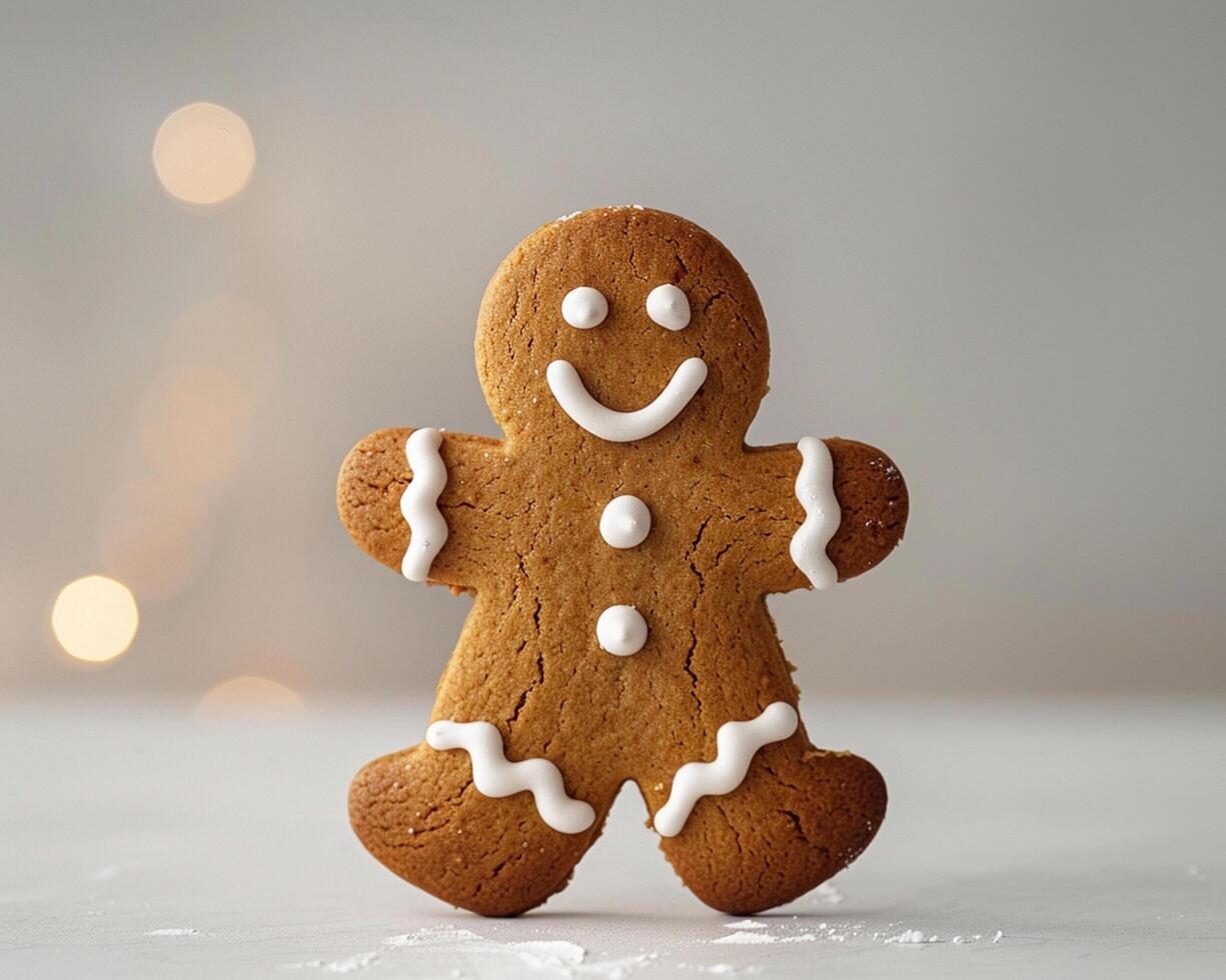a gingerbread man is standing in front of a white background photo