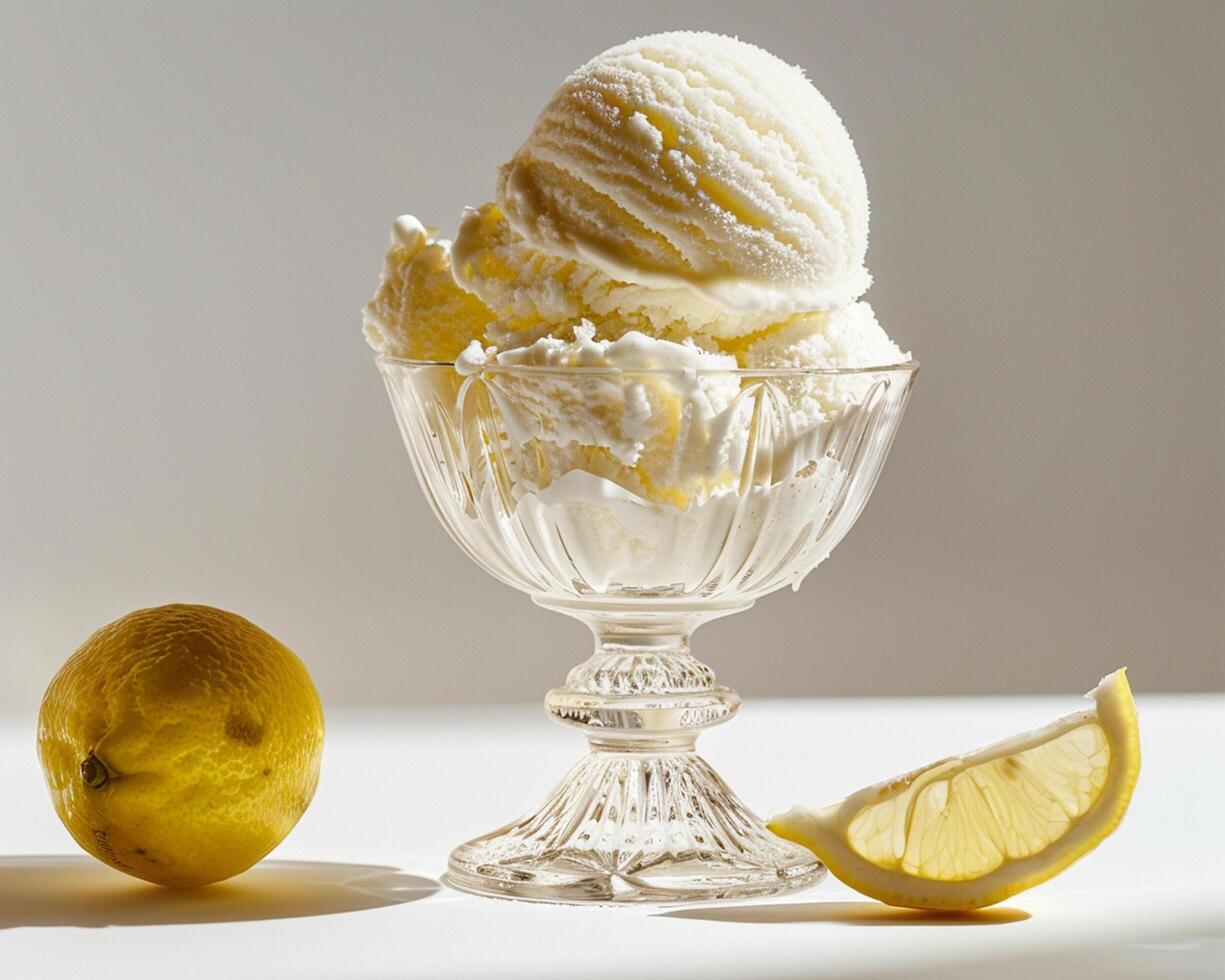 a bowl of ice cream with a lemon slice photo