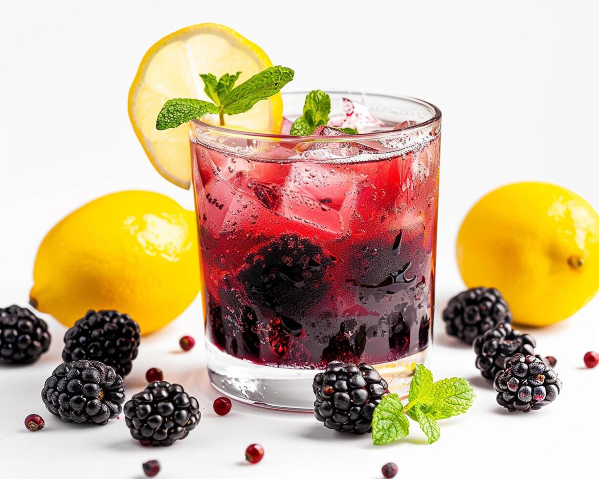a glass of blackberry lemonade with lemon slices and pomegranate photo