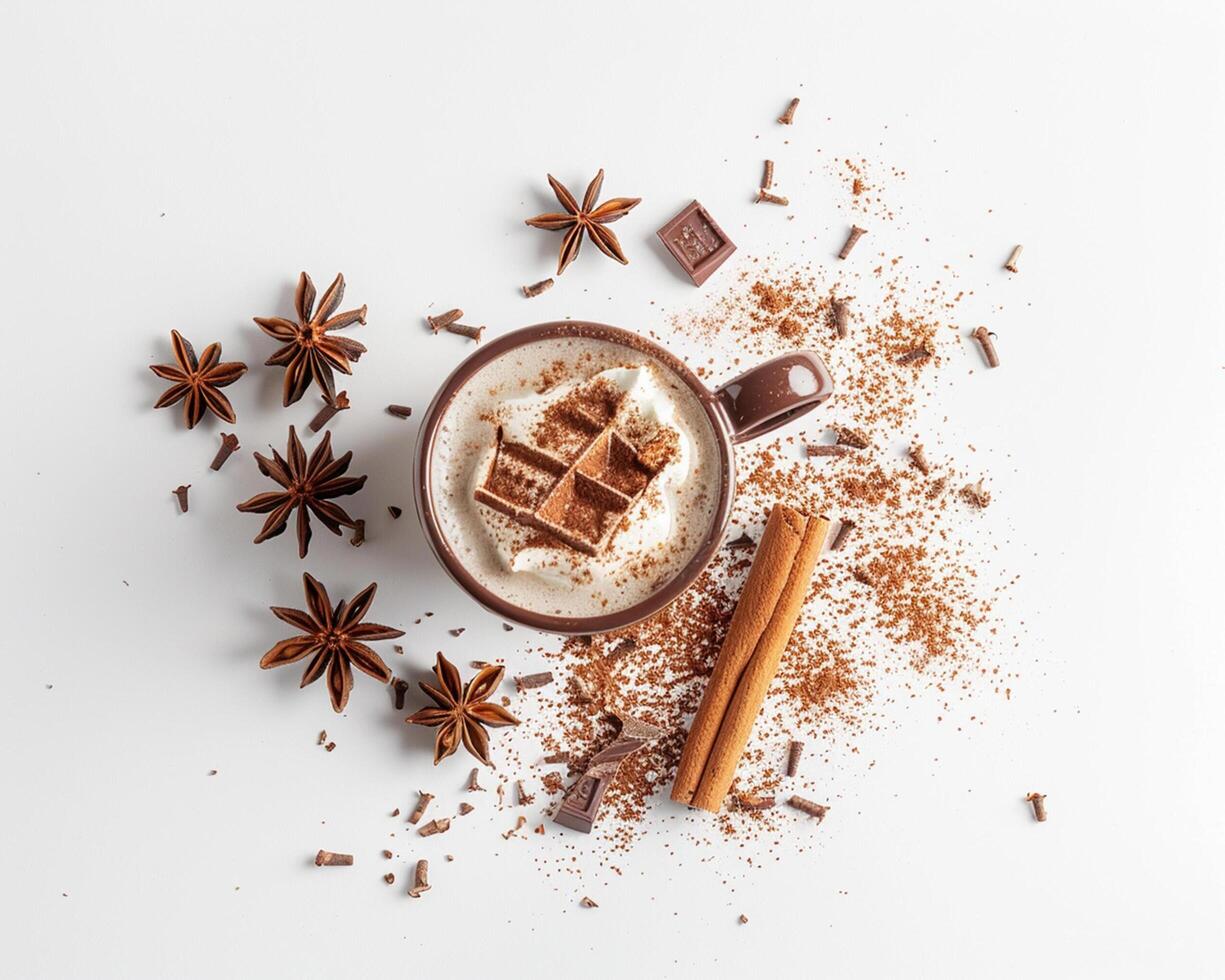 cinnamon, chocolate and star anise on white background top view photo