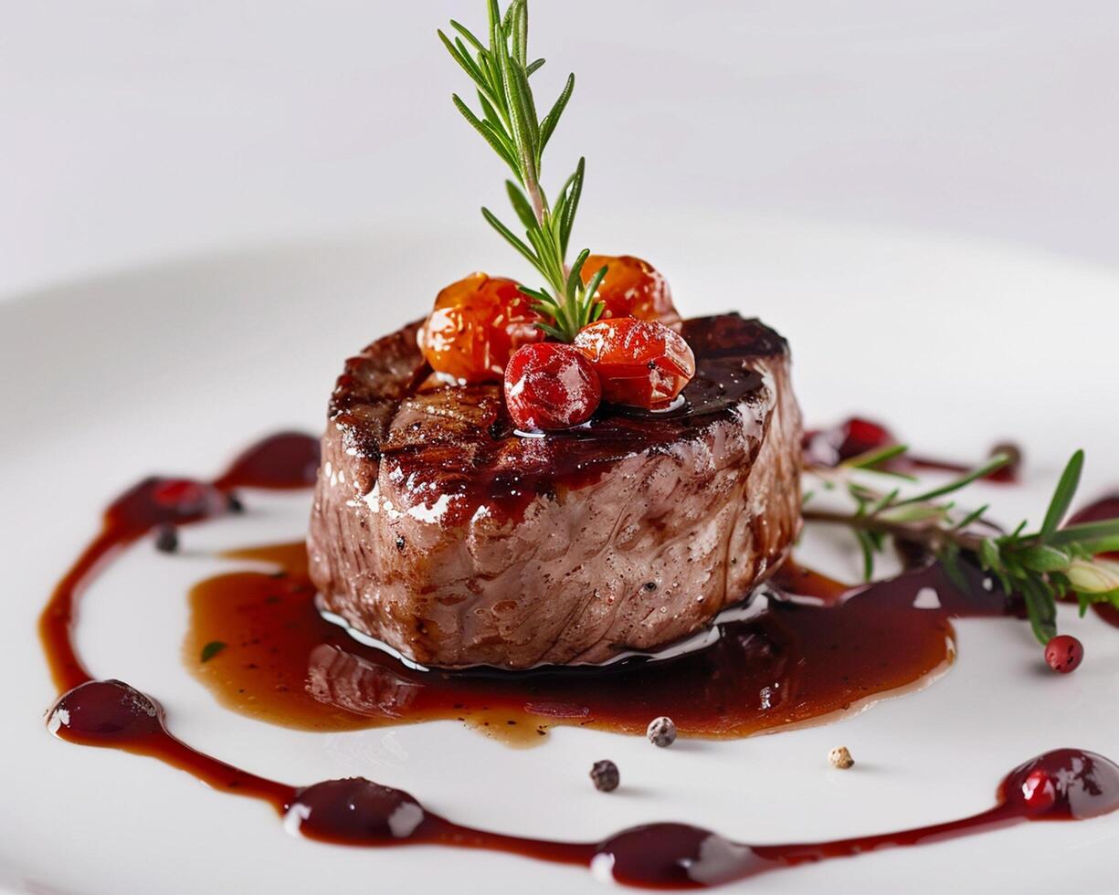 a piece of beef steak with sauce and garnish photo