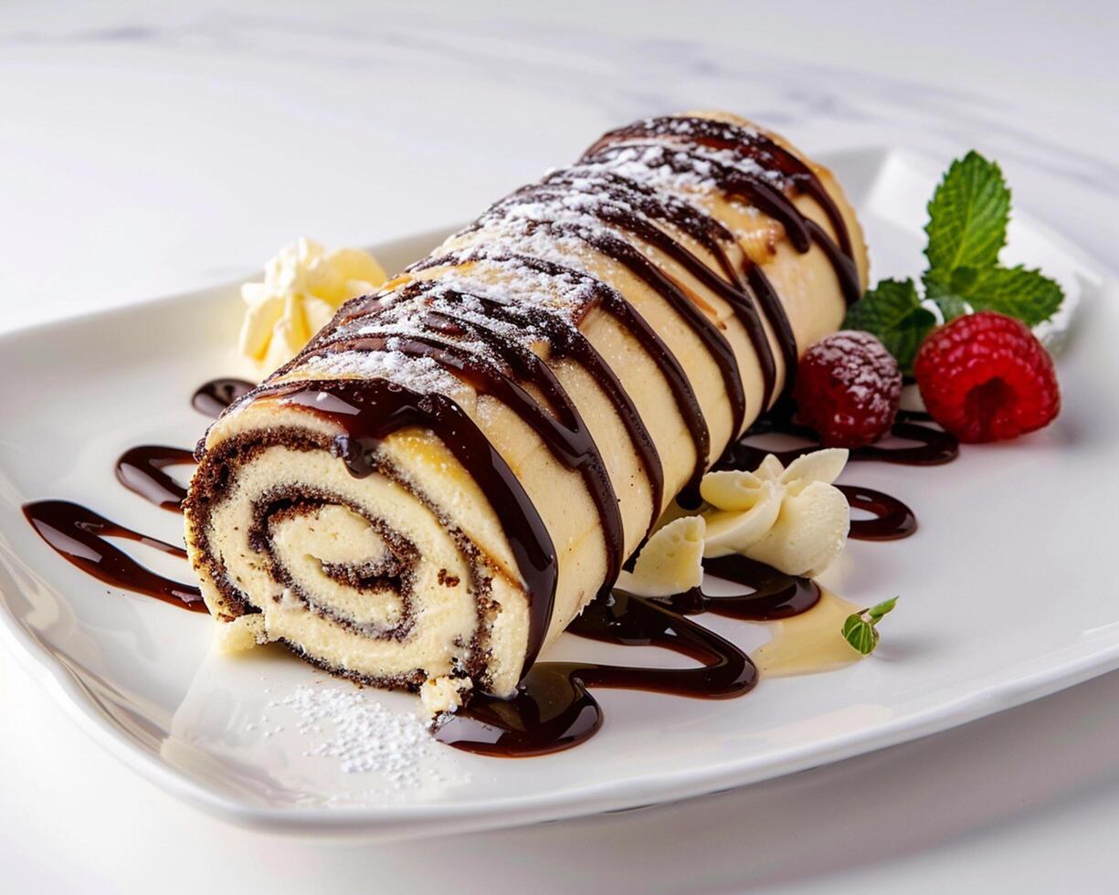 a roll of chocolate cake with chocolate sauce and raspberries photo