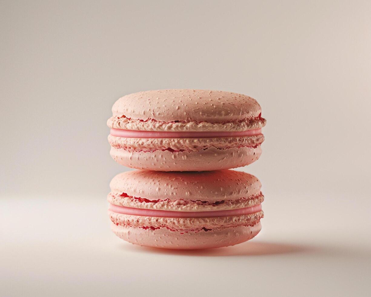 a stack of pink macarons on a white surface photo