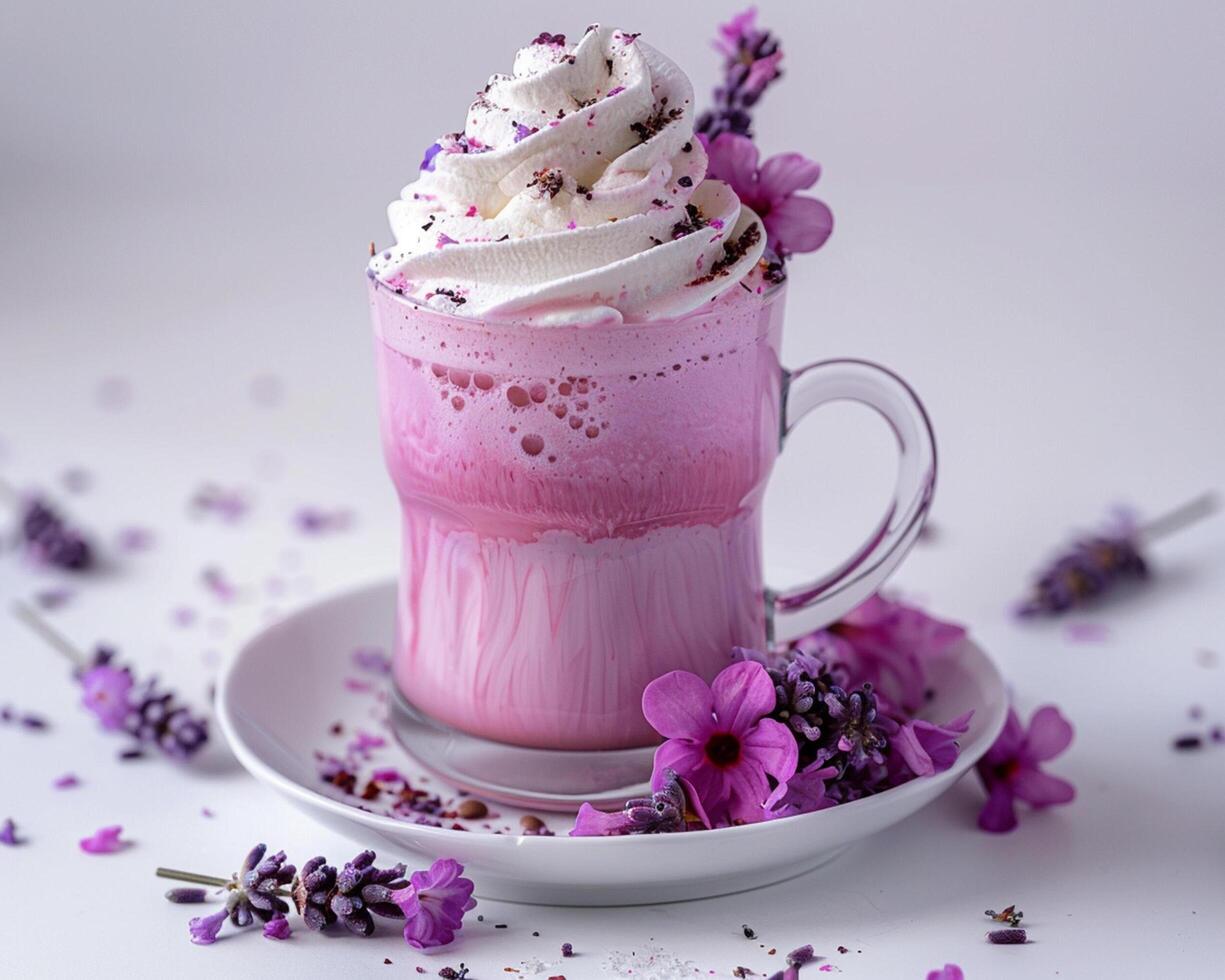 a cup of hot chocolate with whipped cream and lavender flowers photo