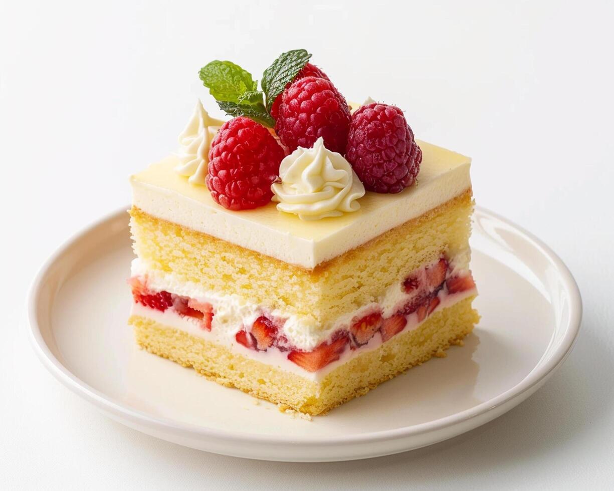 a piece of cake with raspberries and cream on top photo
