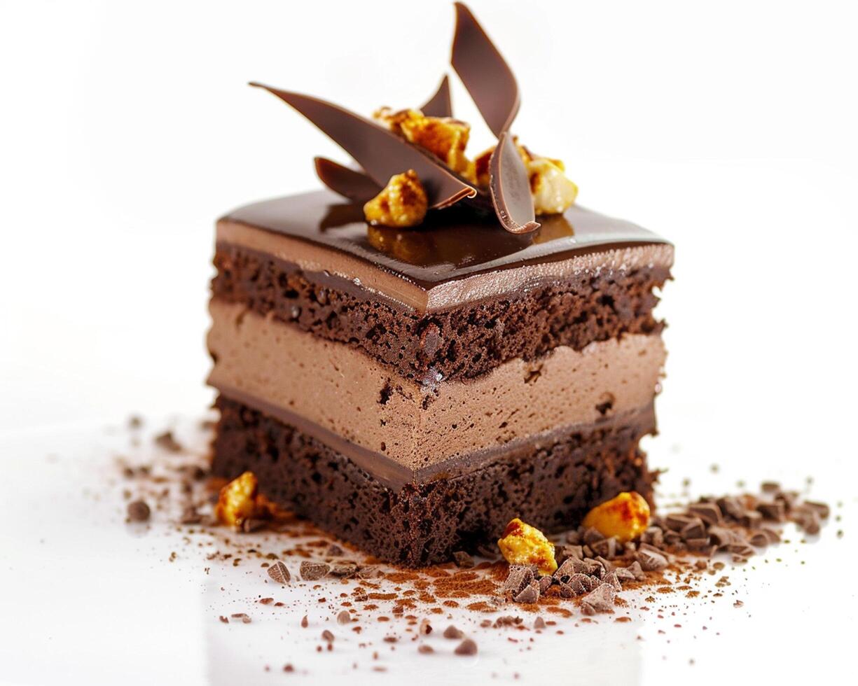 a piece of chocolate cake with nuts on top photo