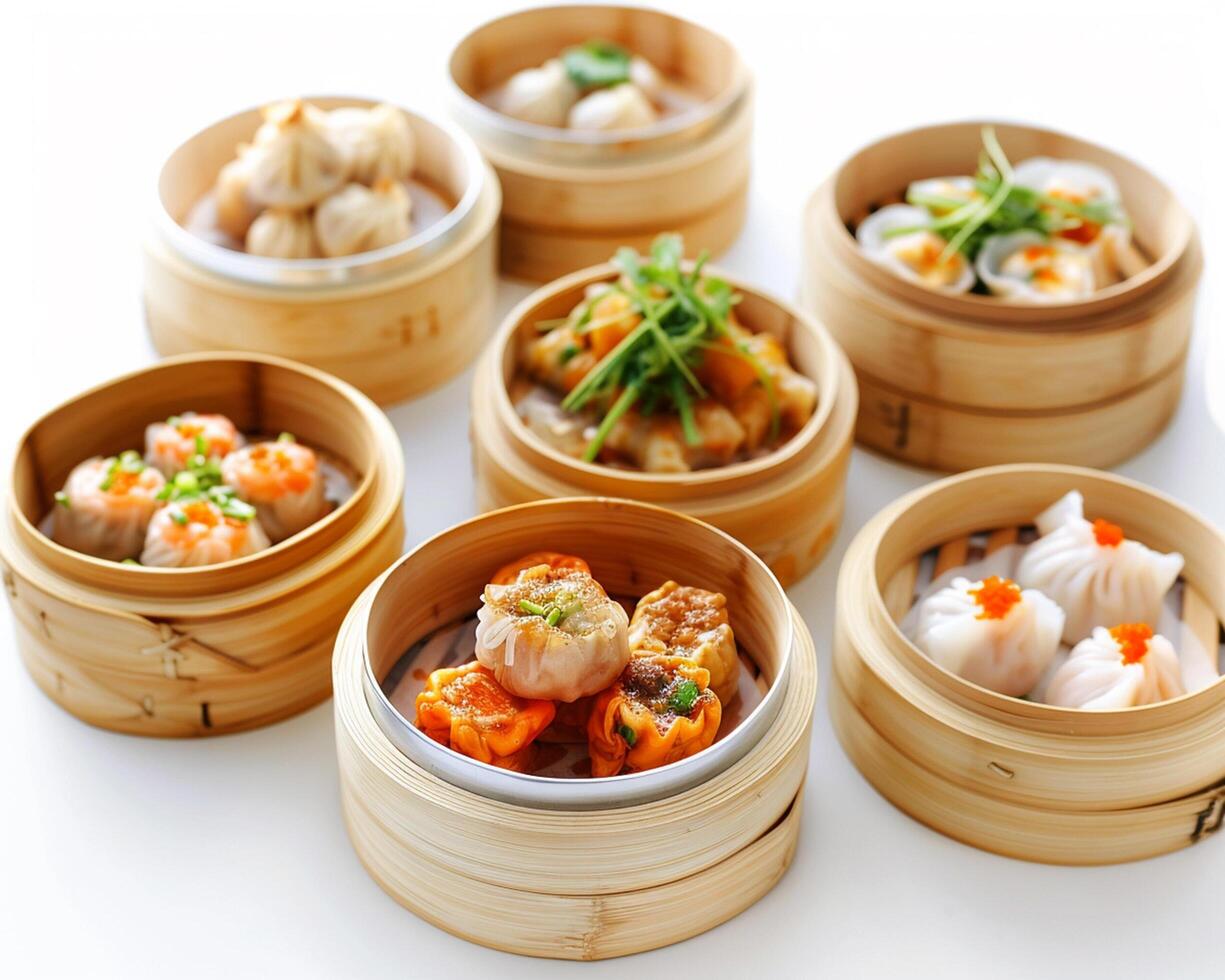 a variety of dim sum in bamboo containers photo