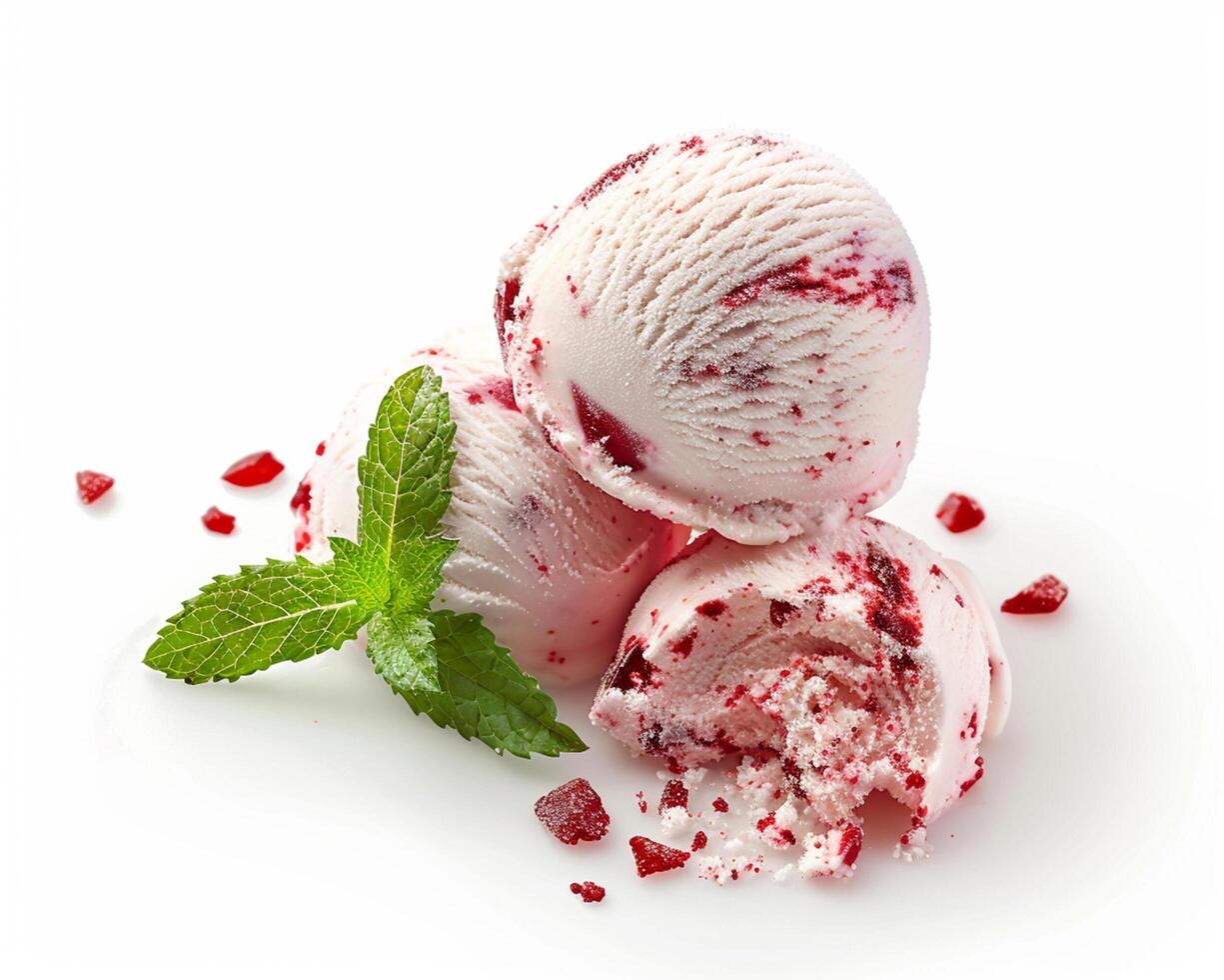 three scoops of ice cream with red berries photo