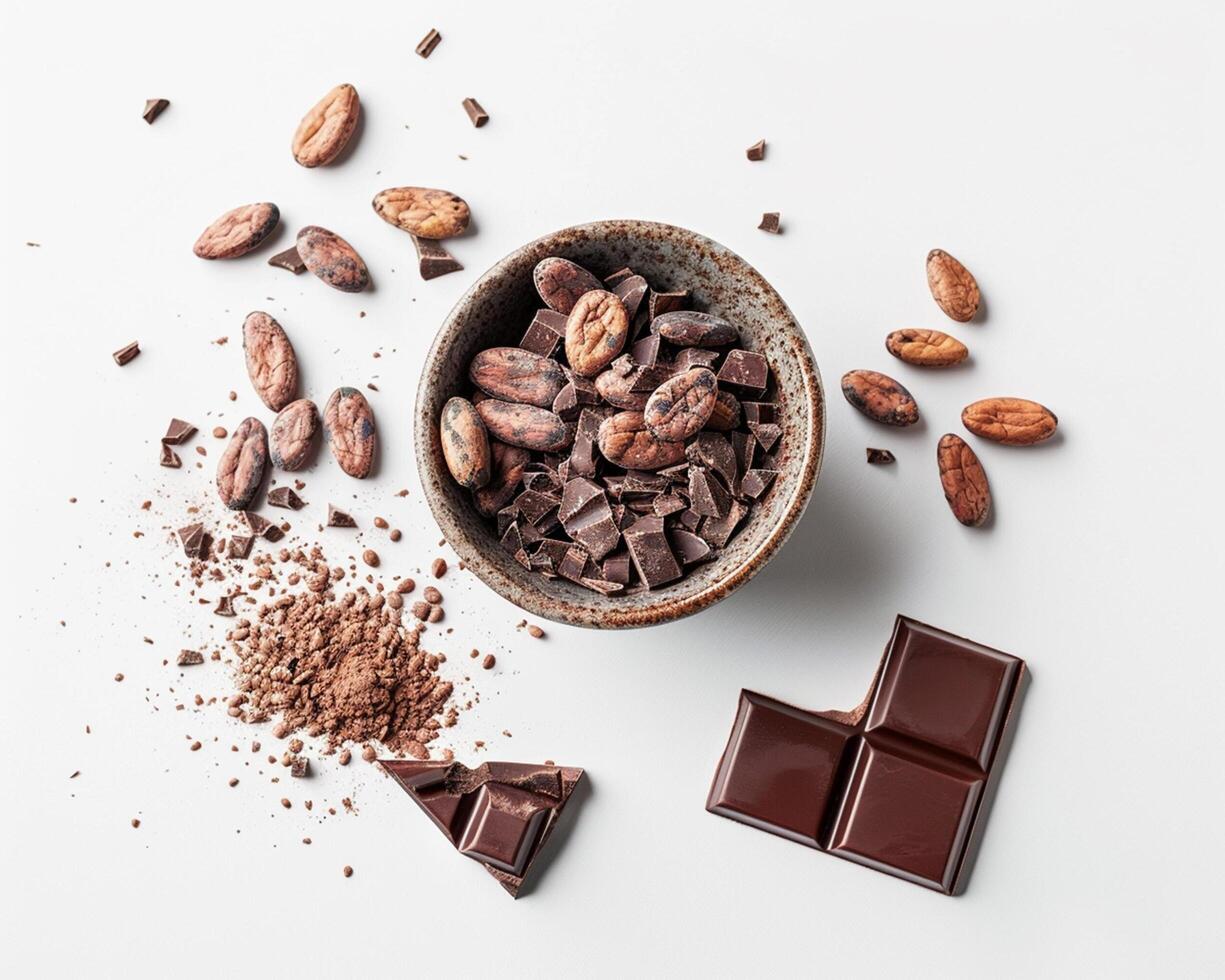 chocolate and cocoa beans on white background top view photo