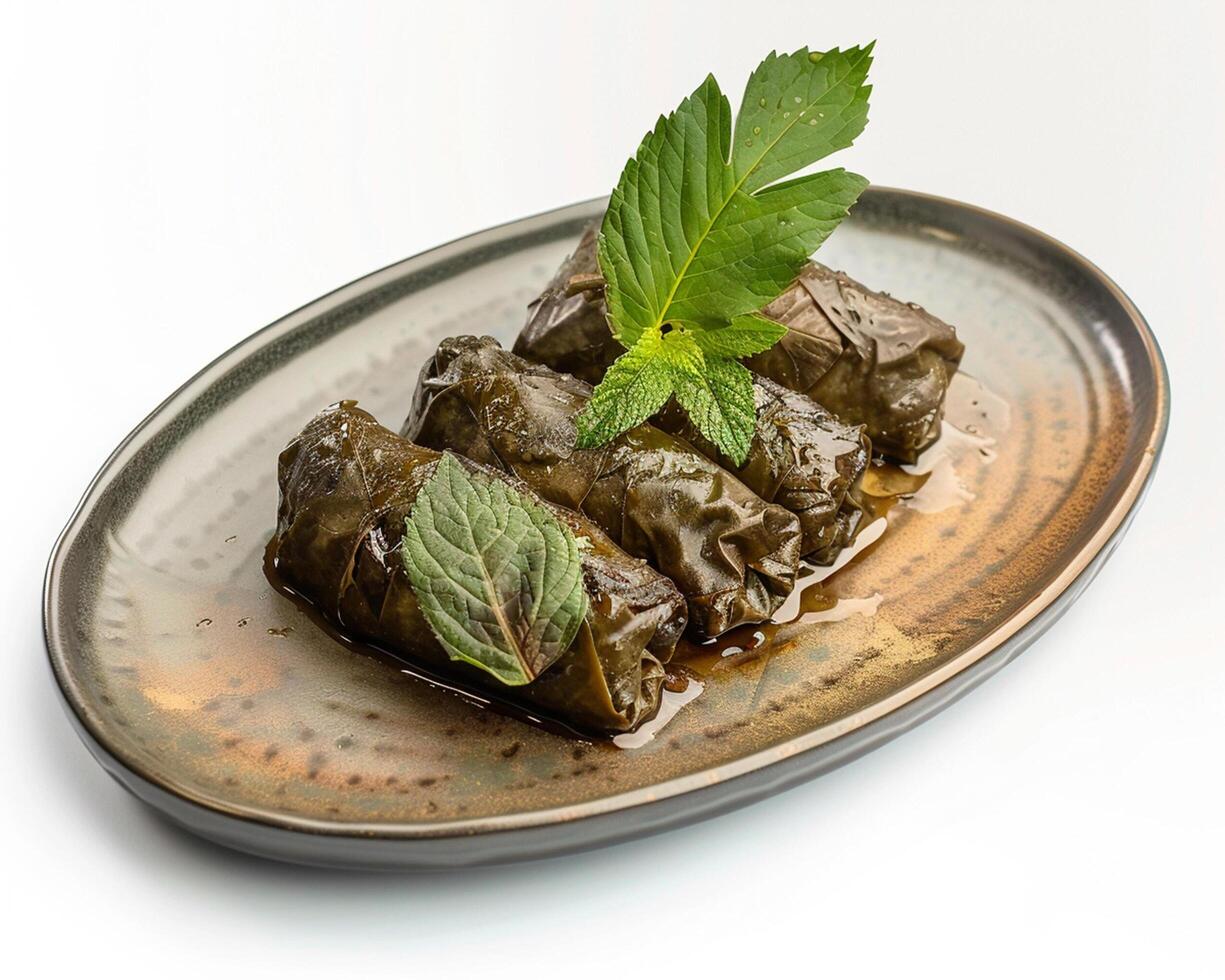 a plate with three stuffed grape leaves photo