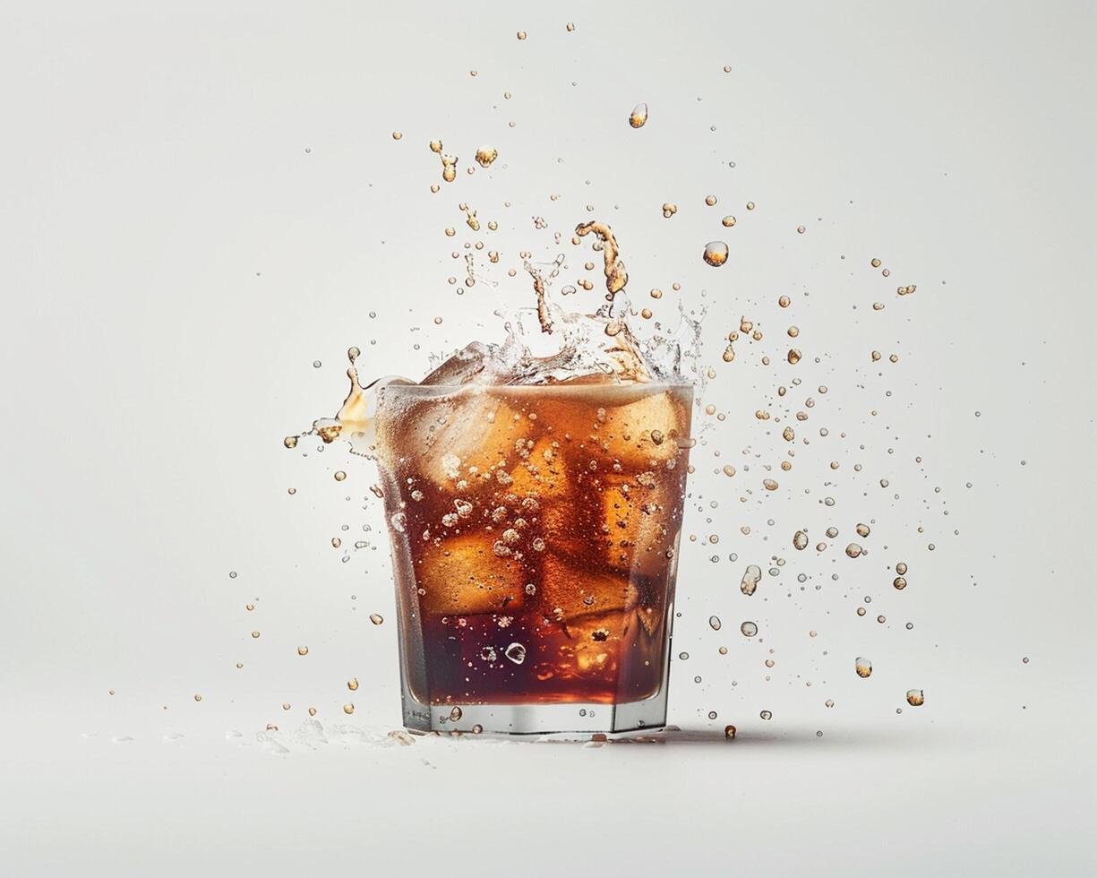 cola splash in glass with ice cubes photo