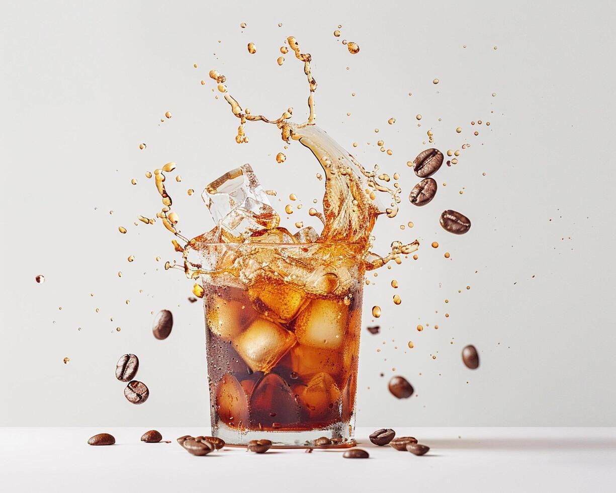 an ice cold drink is being splashed with coffee beans photo