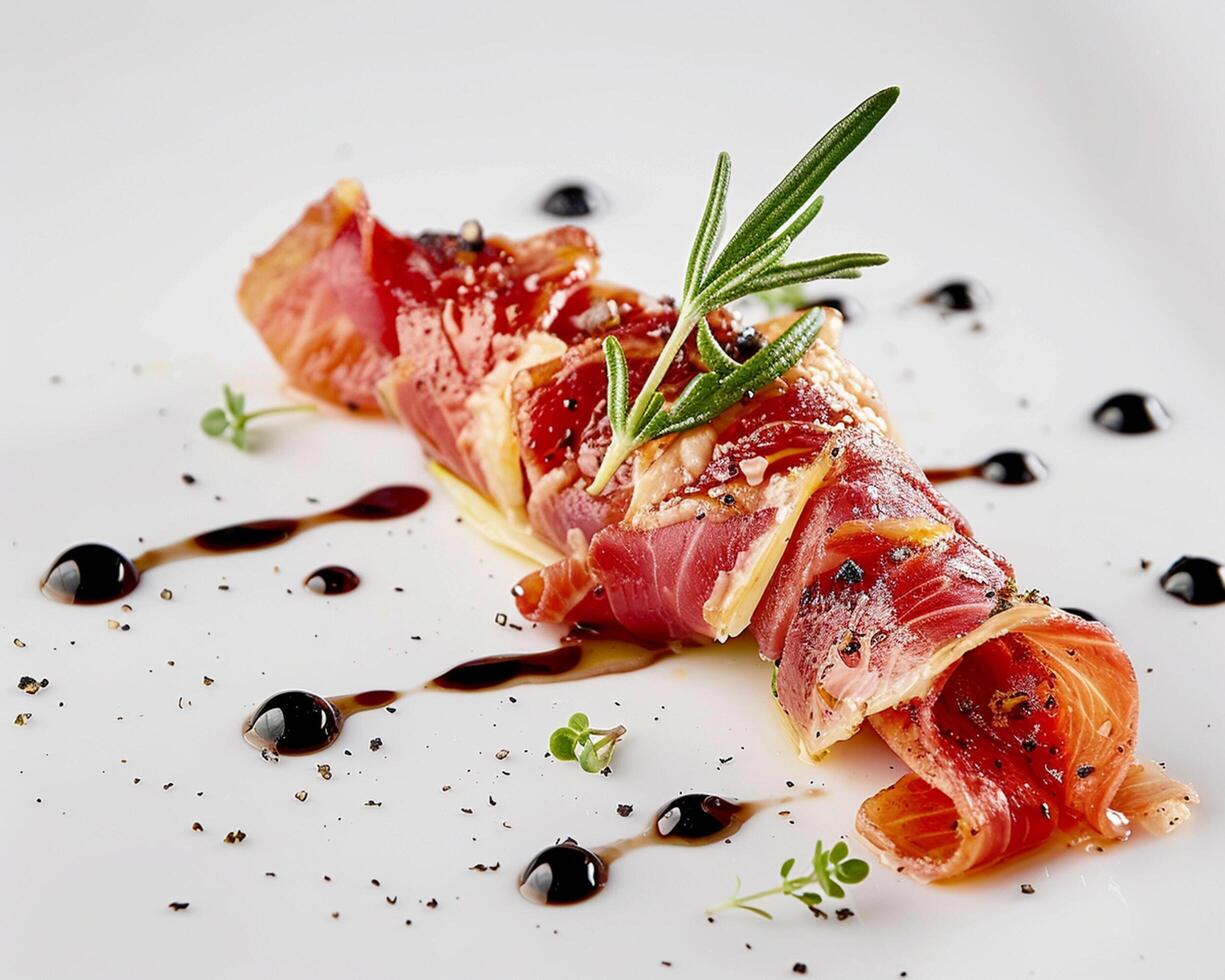 a piece of meat wrapped in bacon on a white plate photo