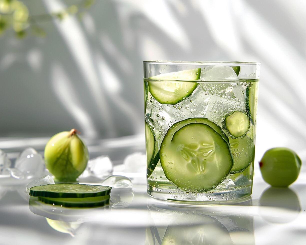 a glass of water with cucumber slices and mint photo
